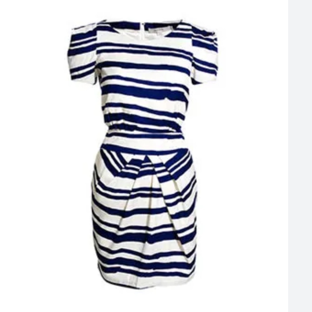 Beautiful Reiss Cream and Navy Mini Silk Office or Work Wear Dress Sz 8